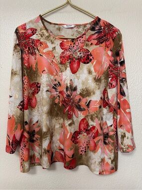 TanJay Coral and Brown Floral Long-Sleeve Top